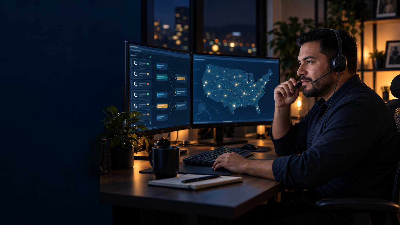 A professional dispatcher handling a nighttime service call with a nationwide routing map on screen